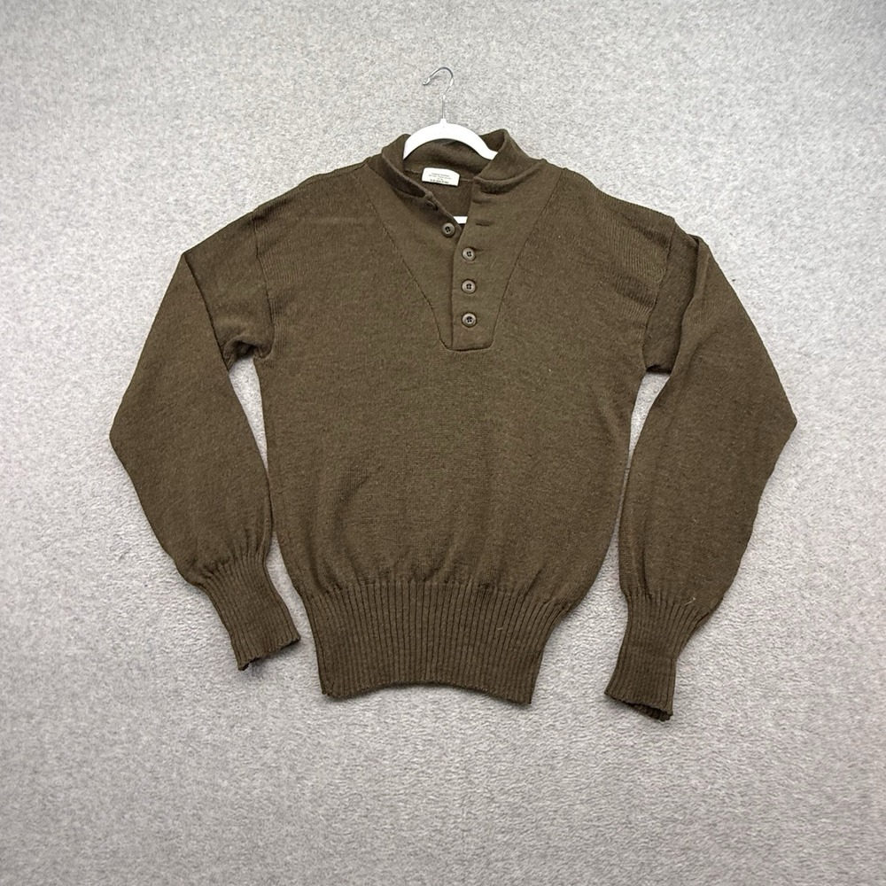VTG Mitt's Nitts Green 100% Wool 1/4 Button Henley Military OD Sweater Mens L